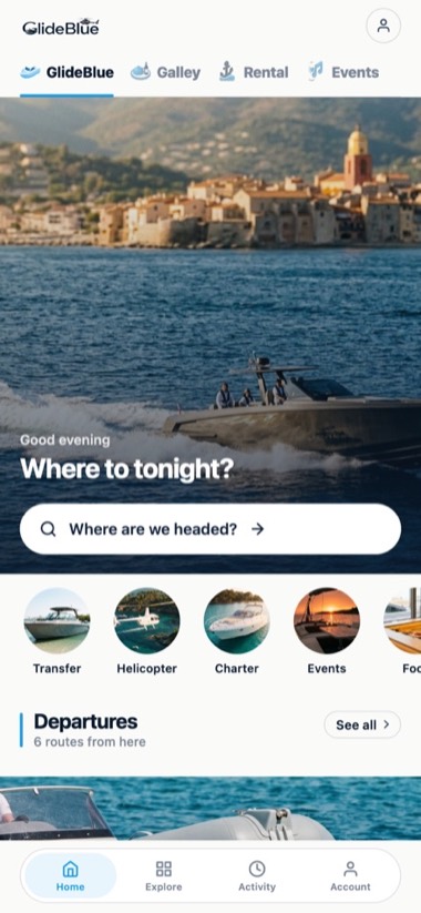 Home — screen of the GlideBlue application