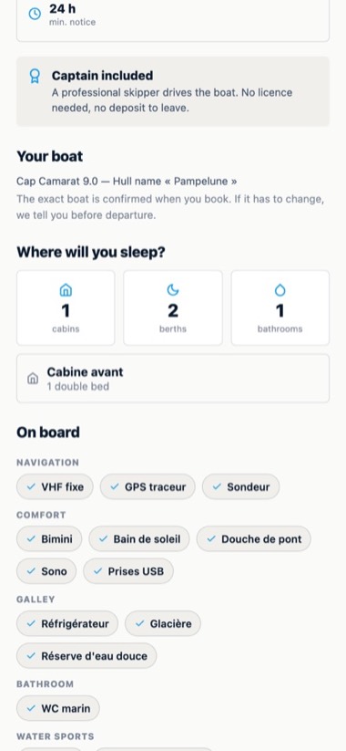 A boat in detail — screen of the GlideBlue application