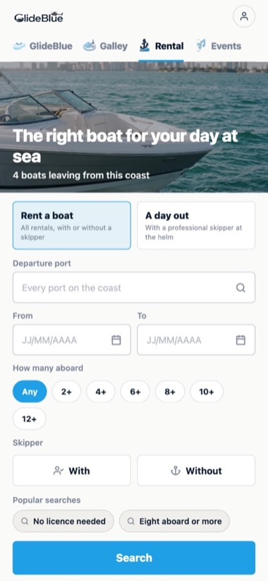 Boats nearby — screen of the GlideBlue application