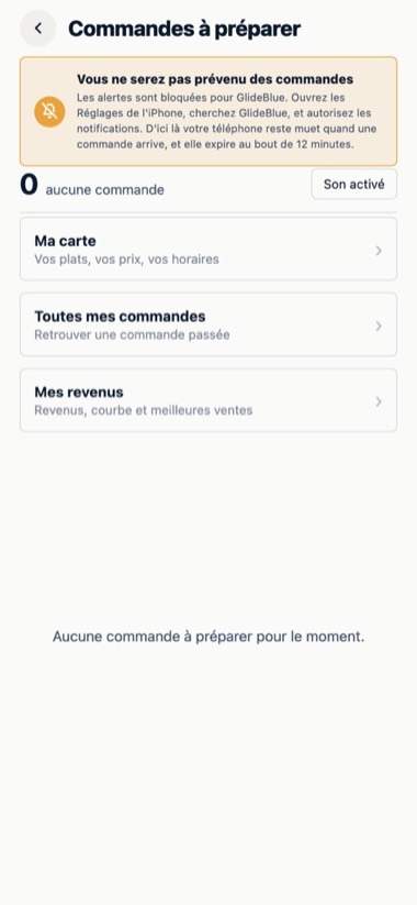 Les commandes du commerçant — écran de l'application GlideBlue