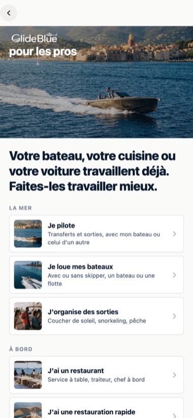 Devenir professionnel — écran de l'application GlideBlue