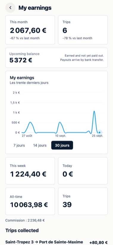 Earnings — screen of the GlideBlue application