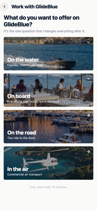 Choosing a trade — screen of the GlideBlue application