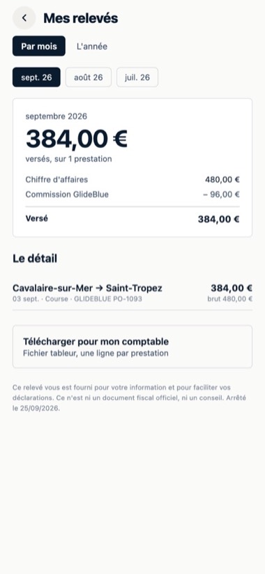 Vos relevés — écran de l'application GlideBlue