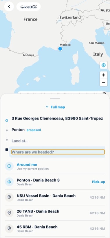 The docks — screen of the GlideBlue application