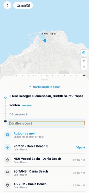 Écran de l'application GlideBlue