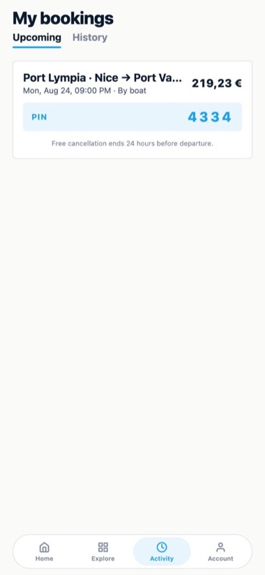 Your bookings — screen of the GlideBlue application