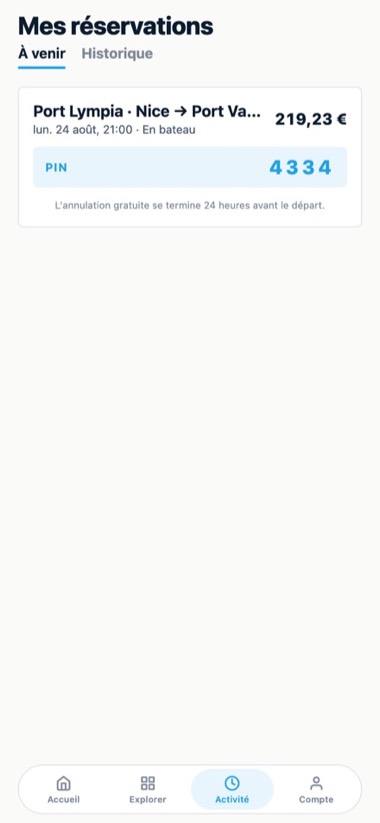 Vos réservations — écran de l'application GlideBlue