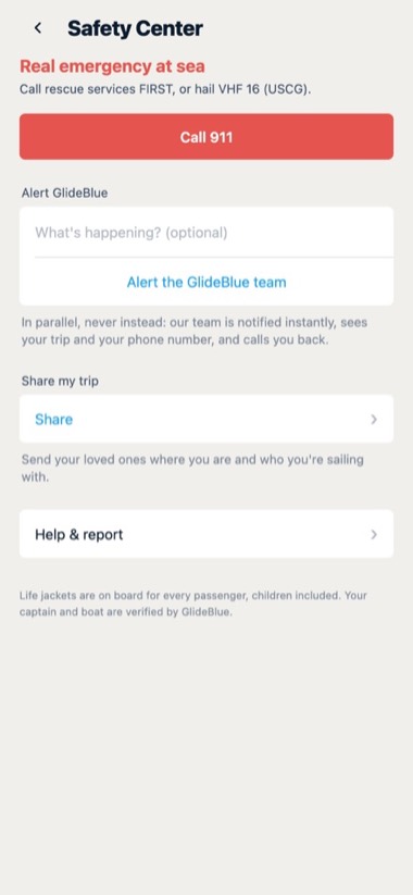 Safety centre — screen of the GlideBlue application